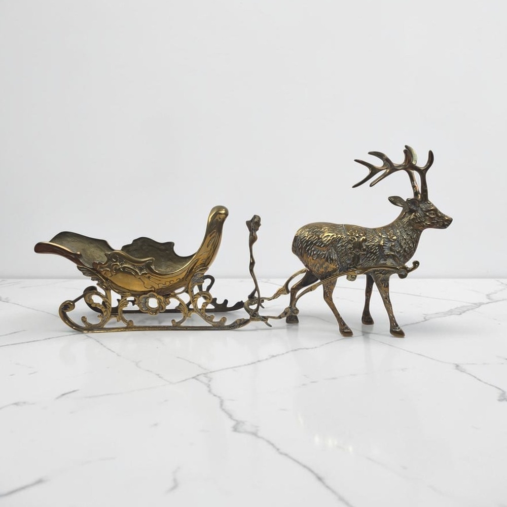 Vtg Solid Brass Reindeer Sleigh Christmas Centerpiece 5 Pc Large 23" Set NICE